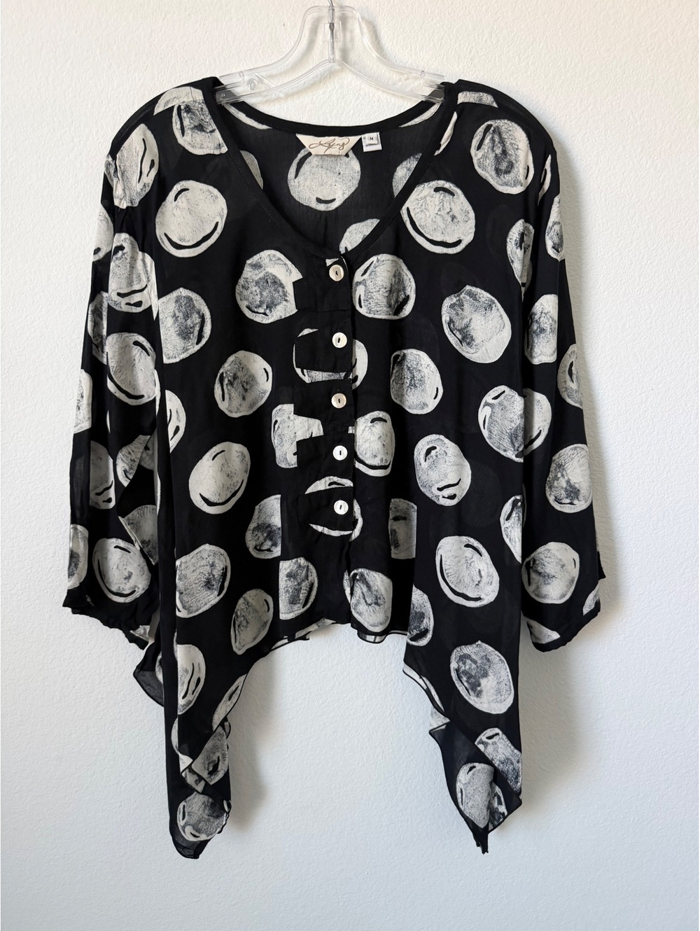 LYNG 3/4 Sleeve Scoop Neck Button Up Geo Black/Gray Lagenlook Blouse Size M